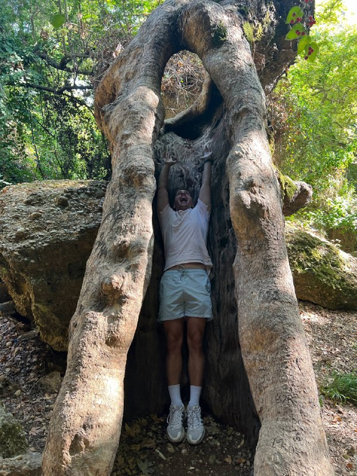 A person is wedged vertically between the two thick, arching trunks of an ancient tree, arms raised overhead in a playful pose. The image humorously mirrors the post's theme of being squeezed and stuck in an awkward position—much like an investor hoping for a repeat of the 2021 altseason while bracing for an AI and financial sector crisis before another stimulus-fueled market pump.