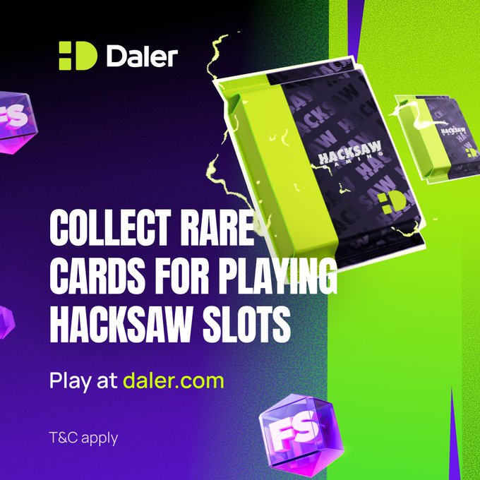 A promotional advertisement for Daler featuring a green and purple design with text reading 'COLLECT RARE CARDS FOR PLAYING HACKSAW SLOTS' and 'Play at daler.com', alongside imagery of card packs and FS gem tokens.