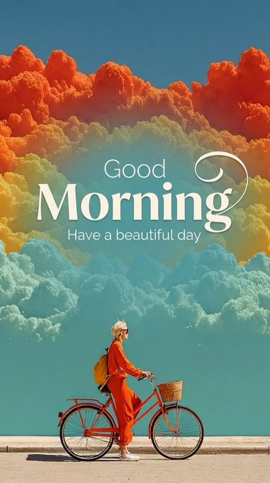 A vertical poster showing a person in an orange outfit with a bicycle against colorful orange and blue clouds, with the text "Good Morning, Have a beautiful day".