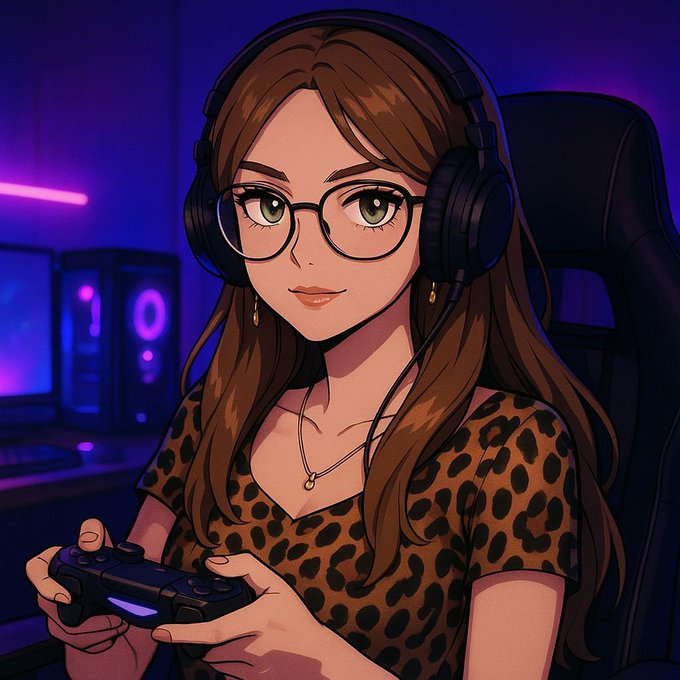 An anime-style illustration of a girl with long brown hair, glasses, and headphones holding a gaming controller in a purple-lit gaming room with a gaming PC in the background.