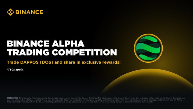 A Binance promotional banner advertises a "Binance Alpha Trading Competition" featuring DAPPOS (DOS) token, displaying the Binance logo in yellow against a black background alongside a green DOS token emblem. The post highlights the $200K reward pool and Rising Trader Boost feature, matching the banner's call to action to trade DOS and share in exclusive rewards.