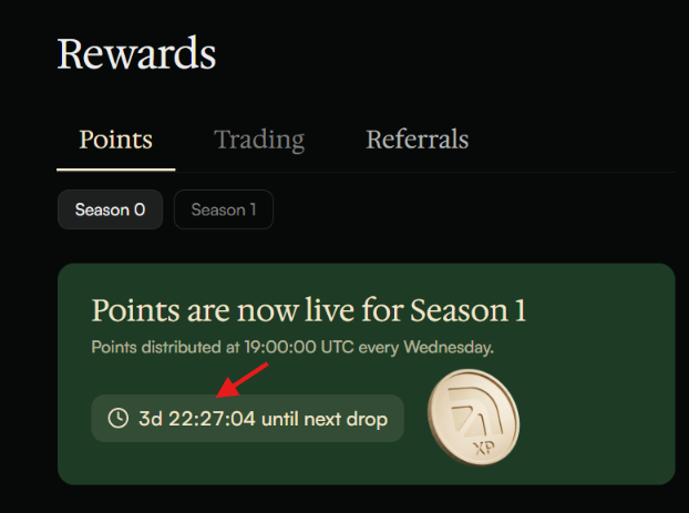 The image displays a "Rewards" interface for Season 1, showing a countdown timer of "3d 22:27:04 until next drop" for the weekly points distribution scheduled at 19:00:00 UTC every Wednesday. This visually supports Arcus's announcement about the platform's new points system, which will distribute a fixed 250K Points weekly regardless of trading volume.
