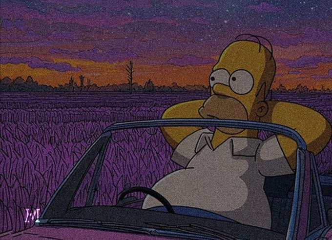 Homer Simpson sits in his car, gazing out at a vast field under a starry purple and orange sunset sky, evoking a quiet, contemplative mood. The image's peaceful, end-of-day atmosphere pairs perfectly with the "Goodnight" message, as if he's taking one last look at the world before heading home.