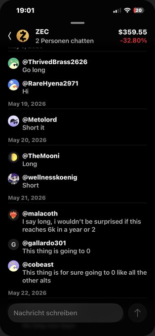 The image shows a cell phone screen displaying a list of messages, with one message being particularly interesting as it reads "I tell u short zcash Now I tell u long eth". The text appears to be in German, which might suggest that the user is engaged in a conversation about cryptocurrency or financial matters.