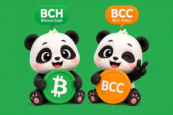 Two cartoon pandas holding cryptocurrency coins on a green background, labeled 'BCH Bitcoin Cash' and 'BCC BCC Token'.