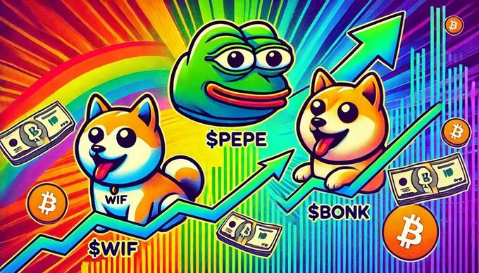 A vibrant, colorful graphic featuring cartoon-style images of popular meme coins including $PEPE (a green frog), $WIF (a Shiba Inu dog), and $BONK (a Shiba Inu dog), with Bitcoin logos, dollar bills, and upward-pointing arrows suggesting rising prices.