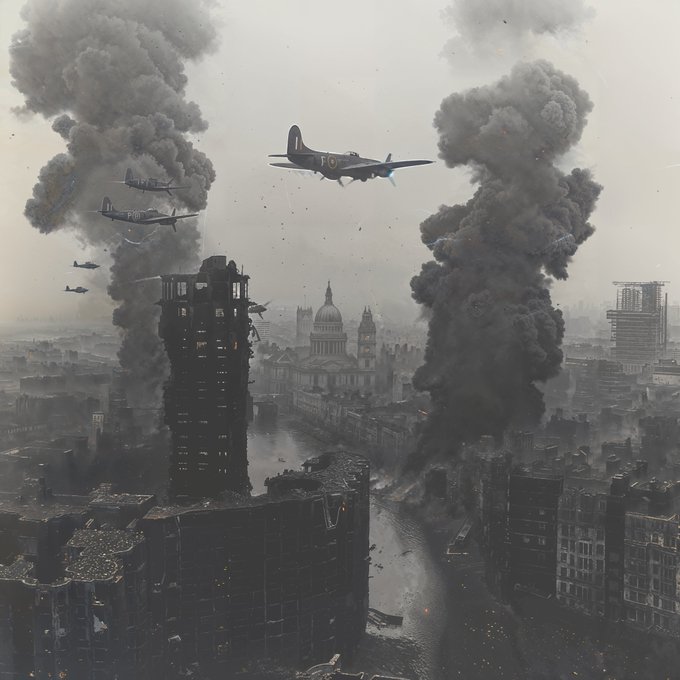 A dramatic, desaturated digital artwork depicting World War II-era aircraft flying over a heavily bombed London, with St. Paul's Cathedral visible amid ruined buildings and rising smoke plumes.