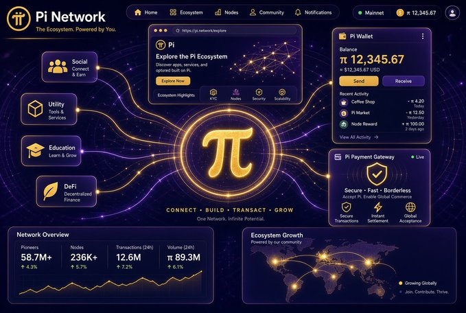 A promotional dashboard for Pi Network showing a wallet balance of π 12,345.67, with ecosystem stats including 58.7M+ Pioneers and 236K+ Nodes.