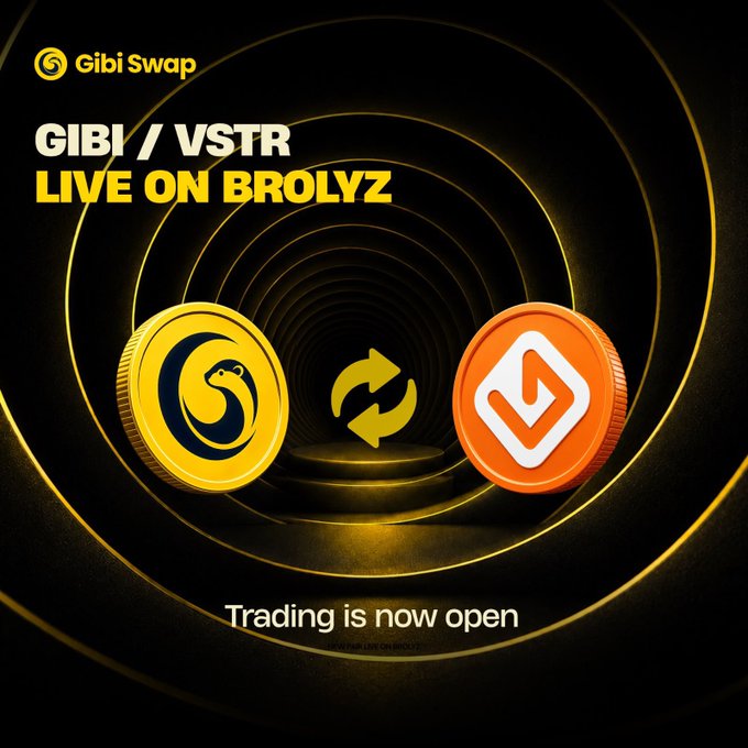 A promotional graphic from Gibi Swap announces that the GIBI/VSTR trading pair is now live on Brolyz, featuring the Gibi golden coin and VSTR orange coin with a swap icon between them against a swirling black and gold vortex background, with "Trading is now open" displayed below—aligning with the announcement that GIBI is officially live on Brolyz.