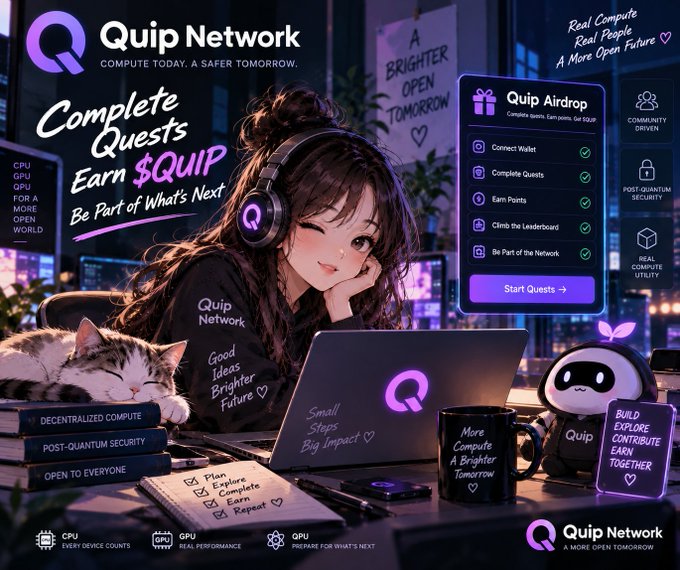 Anime-style promotional graphic for Quip Network featuring a girl with headphones and a cat, advertising a 'Quip Airdrop' campaign where users can complete quests, earn $QUIP, and connect their wallet to earn points.