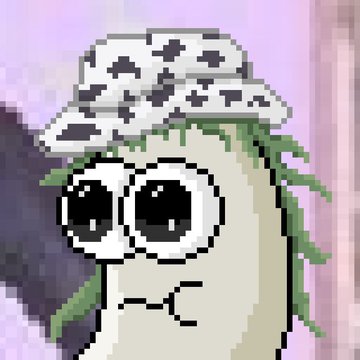 The image features a cartoon character with a white hat, green hair, and big eyes that are all black. The character appears to be wearing a funny hat or a funny face, giving off an amusing vibe. The caption below the image reads "Hold NFTs di Wallet Hold PNG Ketua di Gallery looking forward to the rest of the collection @GuarEmperor". This suggests that the image is related to a collection of digital art pieces featuring cartoon characters and possibly other elements such as logos or text.