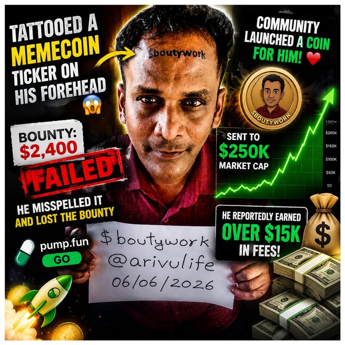 The image depicts a man with a tattoo of a #bountyword on his forehead, along with a post on social media about the incident involving a $2,400 bounty for him. The post appears to be satirical or comical, as suggested by the use of emojis and text such as "@Pumpfun" and "He missedpelled it", indicating that this story is meant to be humorous rather than serious. It is likely a reference to how people sometimes mistype in the crypto world, resulting in bounties being paid for misspelled cryptocurrency names or addresses.
