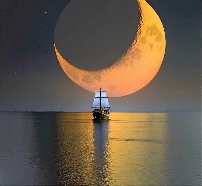 A surreal digital artwork showing a small sailboat on calm waters beneath an enormous crescent moon that reflects golden light across the sea.