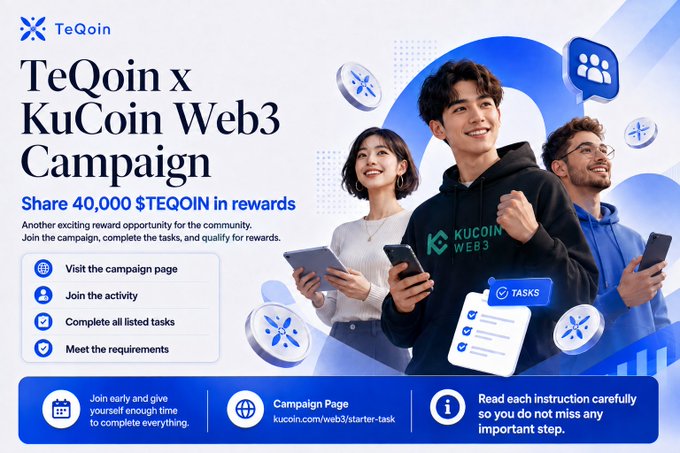 Promotional graphic for the 'TeQoin x KuCoin Web3 Campaign' offering '40,000 $TEQOIN in rewards', featuring people in KuCoin Web3 hoodies and outlining campaign tasks and instructions.
