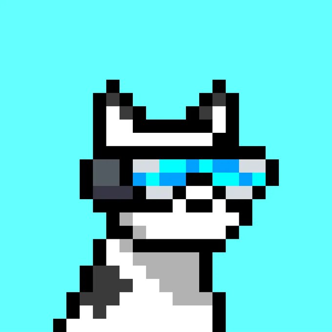 A pixel art illustration of a white dog wearing blue sunglasses, set against a teal background, embodying the resilient "Doginal Dogs" community spirit described in the accompanying text about enduring love and persistence.