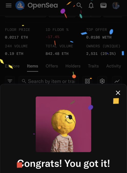 An OpenSea NFT marketplace screenshot showing a successful purchase of a 3D yellow-headed character item with a "Congrats! You got it!" message.
