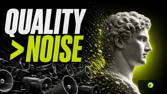 A promotional graphic displays the text 'QUALITY > NOISE' in large white and green letters next to a classical stone bust of David, which appears to be crumbling into a crowd of loudspeakers against a dark background.