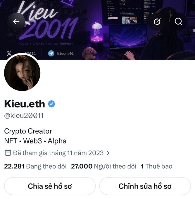 A social media profile for 'Kieu.eth' (@kieu20011), a Crypto Creator and NFT/Web3 influencer with 27,000 followers and 22,281 following.
