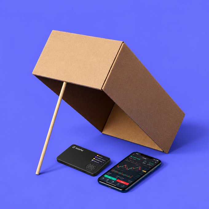 A folded brown cardboard box is propped open on a wooden stick next to a smartphone displaying a cryptocurrency trading app and a black hardware wallet device on a purple background.