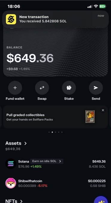 A screenshot of a crypto wallet app showing a balance of $649.36 (8.436 SOL) with a recent deposit of 5.842808 SOL, reflecting modest gains on Solana (+1.49%) but losses on the Shibwifhatcoin meme token (-5.17%)—a mixed "win" that humorously matches the caption's teasing tone about Web3 wins.