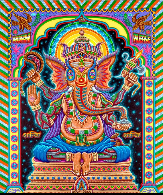 A vibrant, psychedelic tapestry-style artwork featuring the Hindu deity Ganesha seated on a throne, with the words "GANESH" and "SHANTI" visible on the sides.
