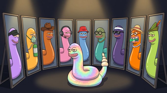 A colorful cartoon illustration showing a rainbow-colored snake-like creature in the center, surrounded by mirrors reflecting various other snake characters with different accessories like hats, glasses, and headphones.