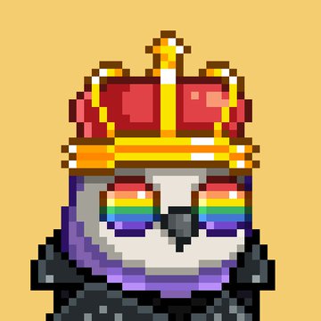 A pixel art illustration of a penguin wearing a red and gold crown with rainbow-colored eyes, set against a yellow background.