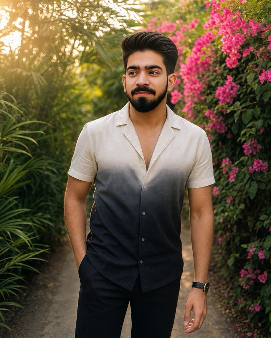 A man with a beard wearing a gradient white-to-black short-sleeved shirt stands on a garden path lined with lush green plants and bright pink bougainvillea flowers.