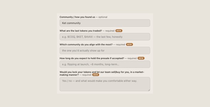 A screenshot of a presale form for @makooorX featuring questions about community affiliation, recent trades (with examples like $COQ, $KET, $AVAX), presale holding expectations, and lock/buyback preferences. The form fields align with the post announcing the addition of new vetting questions to the presale application page.