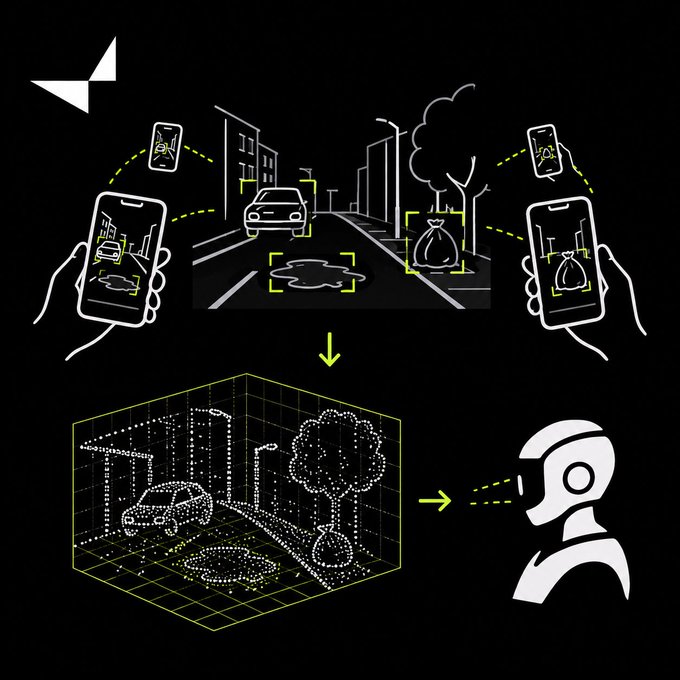 An infographic diagram illustrating how multiple smartphones capturing a street scene create a 3D point cloud that is then sent to a VR/AR headset user.