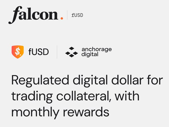 The image features a white background with black text that reads "Regulated Digital Dollar for Trading Collateral, With Monthly Rewards". The text is centered against a gray background. Below this information, there are two logos - one representing the Falcon cryptocurrency exchange and another representing the FUSD currency exchange. These logos are positioned at the bottom of the image.