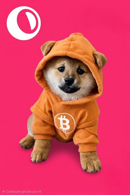 An AI-generated image (as noted by 'Conteúdo gerado por IA') of a Shiba Inu puppy wearing an orange hoodie with a Bitcoin logo, set against a pink background with a stylized 'C' logo.