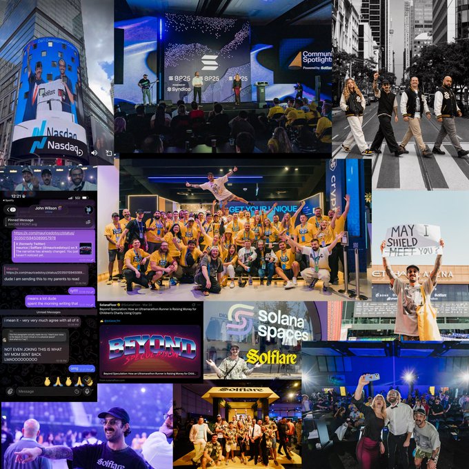A photo collage of crypto/blockchain events featuring 'Nasdaq', 'Solflare', 'Solana Spaces', 'BP25', 'Common Spotlight', and 'BEYOND' signage, with groups of people and a 'MAY I SHIELD MEET YOU?' sign.