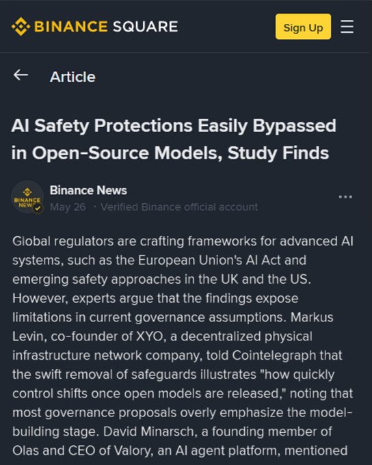 The post contains a screenshot of a text from a news article about security concerns related to certain open-source models. The main points are that safe cryptography has been compromised, and there have been many attempts at rapid removal of unsafe systems.