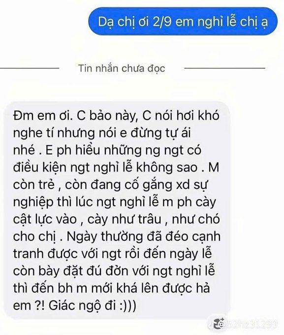 A Vietnamese text message screenshot with the sender saying 'Dạ chị ơi 2/9 em nghỉ lễ chị a' followed by a longer message response.