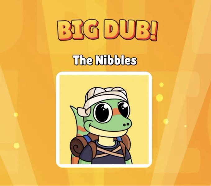A cartoon-style graphic titled 'BIG DUB!' featuring a character named 'The Nibbles,' depicted as a green lizard-like creature wearing a headband and backpack.