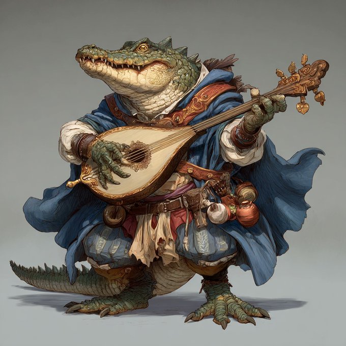 A fantasy illustration of an anthropomorphic crocodile wearing a blue robe and ruffled clothing, playing a lute-like stringed instrument.