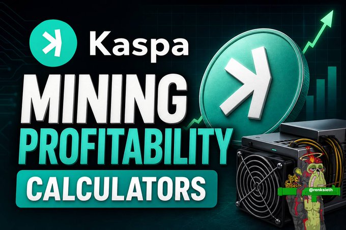 A thumbnail for a video about 'Kaspa Mining Profitability Calculators' featuring the Kaspa logo, mining hardware, an upward growth chart, and a zombie character with the @renksloth handle.