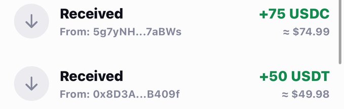 A crypto wallet screenshot shows two incoming transactions: '+75 USDC' (~$74.99) received from '5g7yNH...7aBWs' and '+50 USDT' (~$49.98) received from '0x8D3A...B409f'.