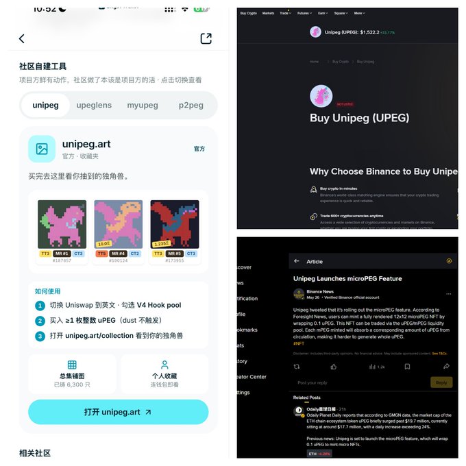 In this image, there are three different screens showing a collage of related social media posts from the Unipeg art market platform. The first screen shows the art website divided into two sections, one being a list of all art pieces available on the platform and another presenting an article discussing the rise in uPEG trading activity in the art market. The second screen features three different pictures - a large colorful image with a pink dragon at its center, a smaller image, and yet another small image showing a website called UnipegArtMarket.com. The third screen is a collage of several posts about the Unipeg art platform, focusing on the recent launch of a new feature or discussion related to uPEG trading activity in the market.