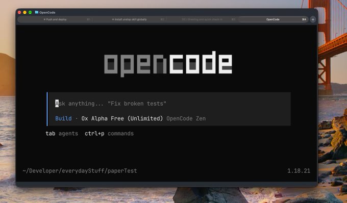 A screenshot of the openCode application interface on macOS, displaying a prompt input field with the placeholder text 'Ask anything... "Fix broken tests"' and model options including 'Build', '0x Alpha Free (Unlimited)', and 'OpenCode Zen', running version 1.18.21.