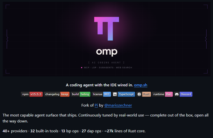The image shows a screenshot of a webpage with the title "Omp" displayed at the top. The text below the title reads, "A coding agent with the IDE wire-in capability that Pi (earendil-works/pi) is Pi with the afterburners on." This description suggests that the website is promoting an AI coding agent called "Pi" and its ability to enhance code execution using the IDE wire-in capability. The image also contains a list of various tools, which may be related to the promotion or discussion of the AI coding agent.
