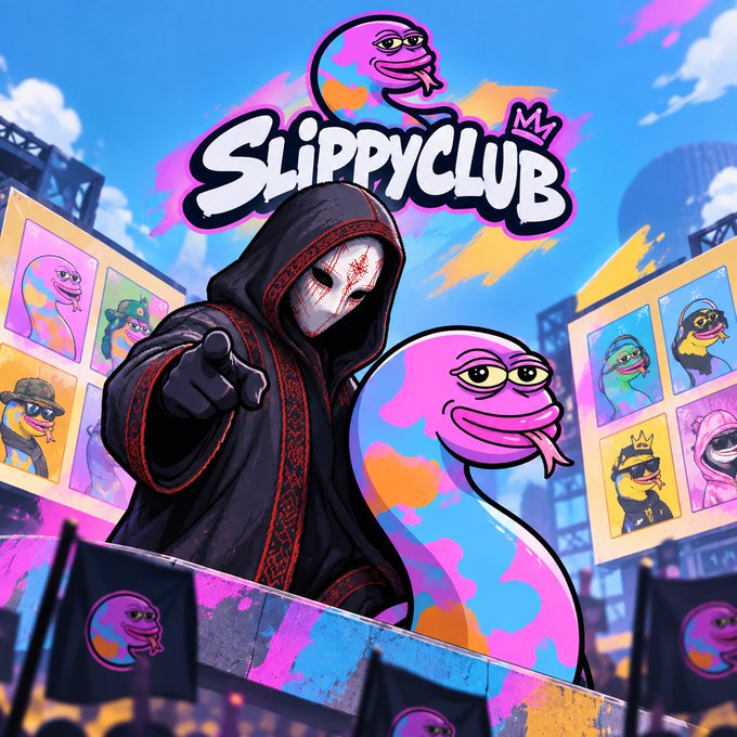 A colorful illustration featuring the 'SlippyClub' logo with a hooded masked character and a pink Pepe-like creature in front of billboards displaying cartoon character art.