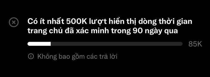 Vietnamese-language social media verification requirement stating 'Có ít nhất 500K lượt hiển thị đồng thời gian trang chủ đã xác minh trong 90 ngày qua' with a progress bar showing 85K.