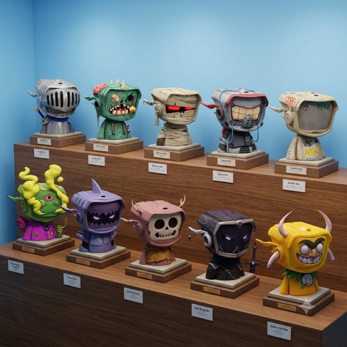 A display case showcases a collection of 10 stylized "Bot" figurines from the Original Blokyz NFT project, each featuring unique designs with names like Knight Bot, Zombie Bot, Mummy Bot, Cyborg Bot, and Galaxy Bot visible on small plaques. The vibrant, character-driven collectibles align with the post's excitement about the project's distinctive creativity and highly anticipated upcoming mint.