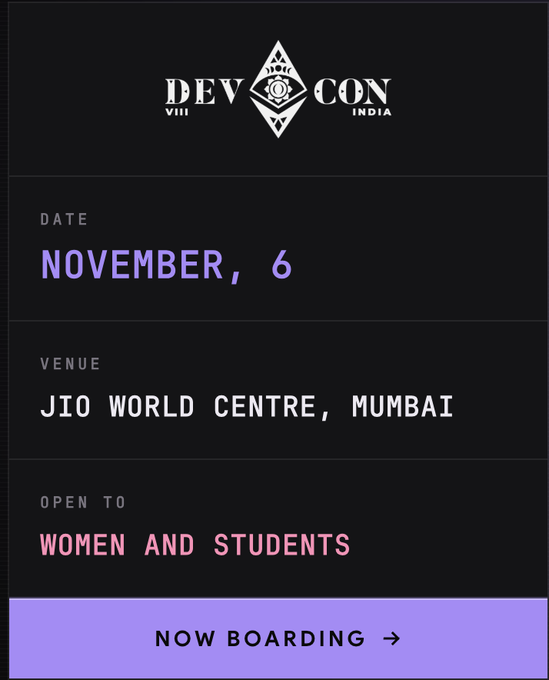 Event poster for 'DEVCON VIII INDIA' taking place on November 6 at Jio World Centre, Mumbai, open to women and students, with a 'NOW BOARDING' call-to-action.