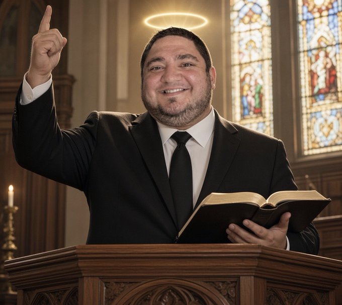A smiling man in a black suit stands at a wooden church pulpit holding an open book and pointing upward, with a glowing halo above his head and stained glass windows in the background.