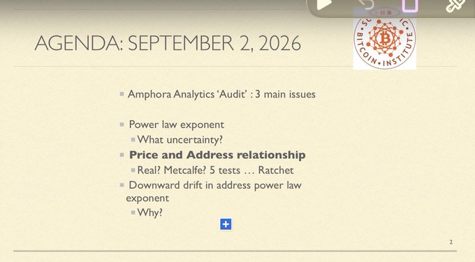 The image shows a presentation slide titled "AGENDA: SEPTEMBER 2, 2026" from the "Physics of Bitcoin" show, outlining three main topics: Amphora Analytics audit issues regarding power law exponent uncertainty, the price and address relationship (featuring Real Metcalfe's 5 tests vs. Ratchet), and downward drift in address power law exponent. This serves as a preview outline for the upcoming live broadcast on X and YouTube.