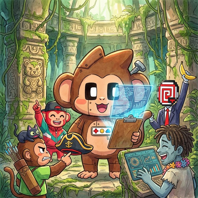 A digital artwork depicting a cute monkey character holding a clipboard and interacting with a holographic interface, surrounded by other monkeys, a black cat, and human figures in an ancient temple setting, with a 'CRYPTO TRADING FLOOR' laptop visible.