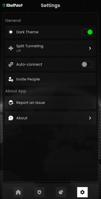 A mobile app screenshot of BelNet's Settings page displays a dark theme with options including Dark Theme (enabled), Split Tunneling, Auto-connect, Invite People, Report an Issue, and About.
